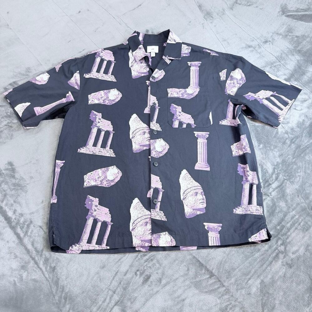H&M Short Sleeve Black Purple Ancient Greek AOP Shirt Sz XXL Oversized Retro Y2K - Picture 1 of 14
